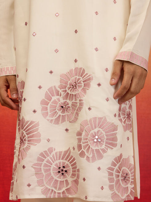 Men's Onion Silk Blend Embroidered Kurta with Cream Pyjama